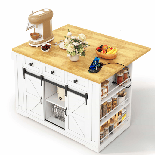 Ilha de cozinha móvel 130x50(80)x87 cm u2013 bancada dobrável, portas de correr, tomadas e prateleiras de arrumação u2013 Branco e natural