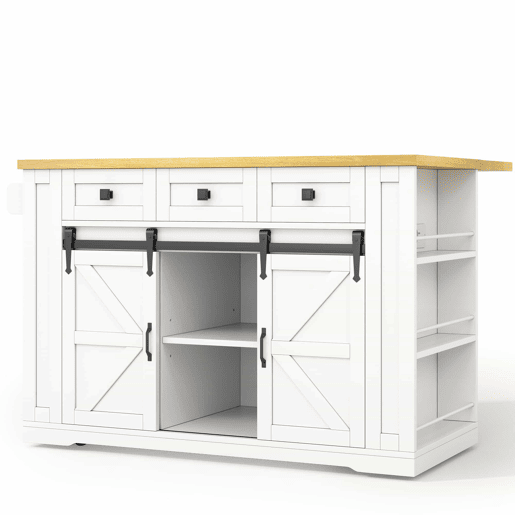 Ilha de cozinha móvel 130x50(80)x87 cm u2013 bancada dobrável, portas de correr, tomadas e prateleiras de arrumação u2013 Branco e natural