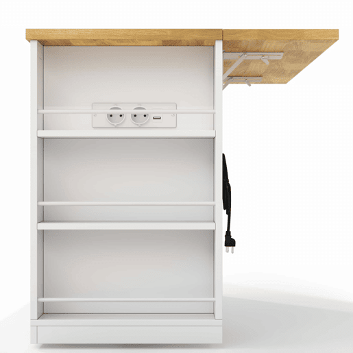Ilha de cozinha móvel 130x50(80)x87 cm u2013 bancada dobrável, portas de correr, tomadas e prateleiras de arrumação u2013 Branco e natural