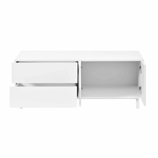 Mesa de centro de 100 cm u2013 com espaço de arrumação, portas arqueadas, pés de aço e design moderno u2013 Branco Mesa de centro de 100 cm u2013 com espaço de arrumação, portas arqueadas, pés de aço e design moderno u2013 Branco