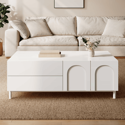 Mesa de centro de 100 cm u2013 com espaço de arrumação, portas arqueadas, pés de aço e design moderno u2013 Branco Mesa de centro de 100 cm u2013 com espaço de arrumação, portas arqueadas, pés de aço e design moderno u2013 Branco