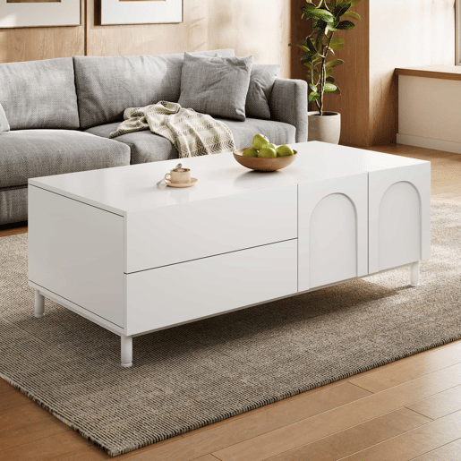 Mesa de centro de 100 cm u2013 com espaço de arrumação, portas arqueadas, pés de aço e design moderno u2013 Branco Mesa de centro de 100 cm u2013 com espaço de arrumação, portas arqueadas, pés de aço e design moderno u2013 Branco