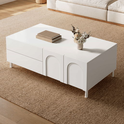 Mesa de centro de 100 cm u2013 com espaço de arrumação, portas arqueadas, pés de aço e design moderno u2013 Branco Mesa de centro de 100 cm u2013 com espaço de arrumação, portas arqueadas, pés de aço e design moderno u2013 Branco