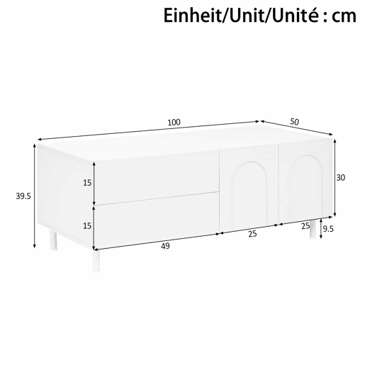 Mesa de centro de 100 cm u2013 com espaço de arrumação, portas arqueadas, pés de aço e design moderno u2013 Branco Mesa de centro de 100 cm u2013 com espaço de arrumação, portas arqueadas, pés de aço e design moderno u2013 Branco