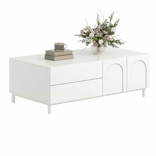 Mesa de centro de 100 cm u2013 com espaço de arrumação, portas arqueadas, pés de aço e design moderno u2013 Branco Mesa de centro de 100 cm u2013 com espaço de arrumação, portas arqueadas, pés de aço e design moderno u2013 Branco