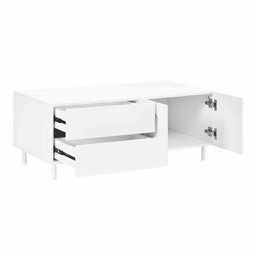 Mesa de centro de 100 cm u2013 com espaço de arrumação, portas arqueadas, pés de aço e design moderno u2013 Branco Mesa de centro de 100 cm u2013 com espaço de arrumação, portas arqueadas, pés de aço e design moderno u2013 Branco