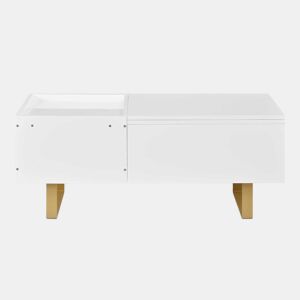 Mesa de centro elevável - com espaço de arrumação, gaveta, acabamento brilhante e pernas de ferro - Branca