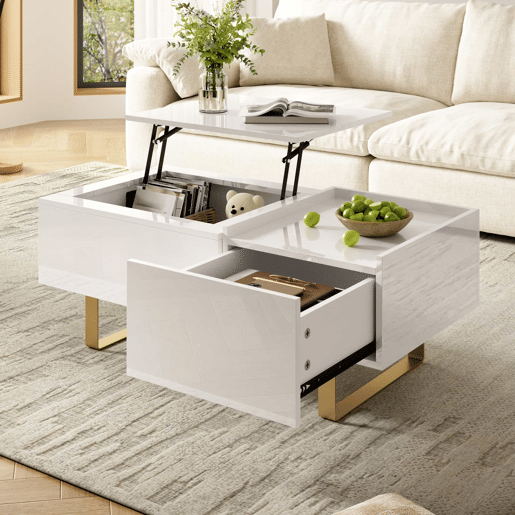 Mesa de centro elevável - com espaço de arrumação, gaveta, acabamento brilhante e pernas de ferro - Branca
