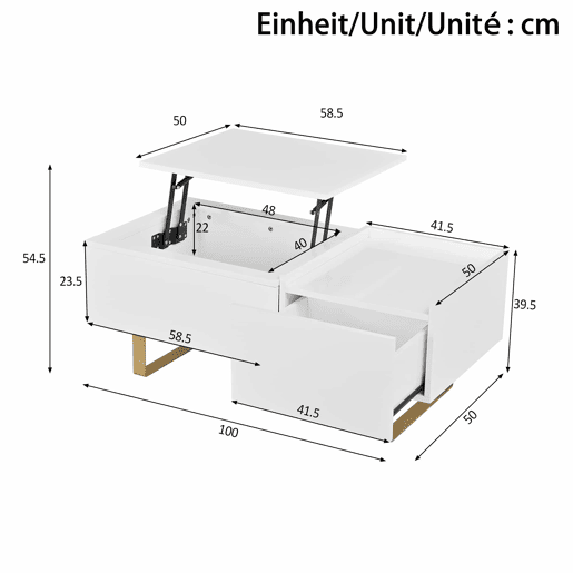 Mesa de centro elevável - com espaço de arrumação, gaveta, acabamento brilhante e pernas de ferro - Branca