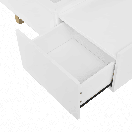 Mesa de centro elevável - com espaço de arrumação, gaveta, acabamento brilhante e pernas de ferro - Branca
