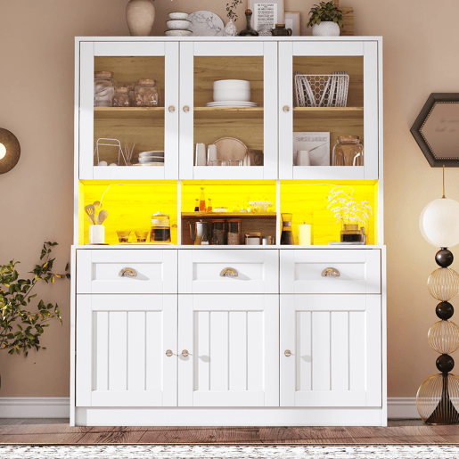 Armário de cozinha de mdf com 6 portas,3 gavetas e luz led,branco