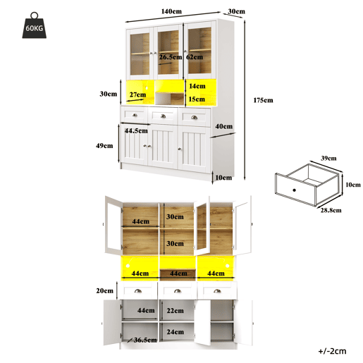 Armário de cozinha de mdf com 6 portas,3 gavetas e luz led,branco