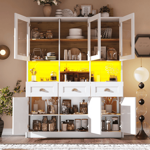 Armário de cozinha de mdf com 6 portas,3 gavetas e luz led,branco