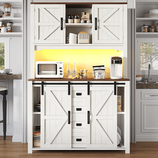 Armário de cozinha de mdf com 4 portas,4 gavetas e luz led,branco Armário de cozinha de mdf com 4 portas,4 gavetas e luz led,branco