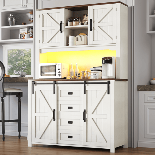 Armário de cozinha de mdf com 4 portas,4 gavetas e luz led,branco Armário de cozinha de mdf com 4 portas,4 gavetas e luz led,branco