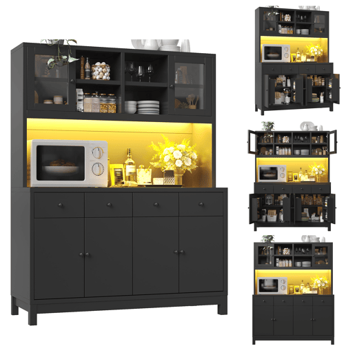 Armário de cozinha de mdf com 6 portas,4 gavetas e luz led,preto Armário de cozinha de mdf com 6 portas,4 gavetas e luz led,preto