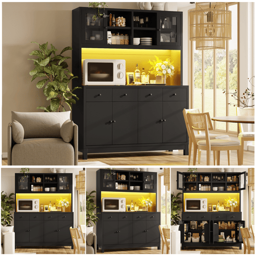Armário de cozinha de mdf com 6 portas,4 gavetas e luz led,preto Armário de cozinha de mdf com 6 portas,4 gavetas e luz led,preto