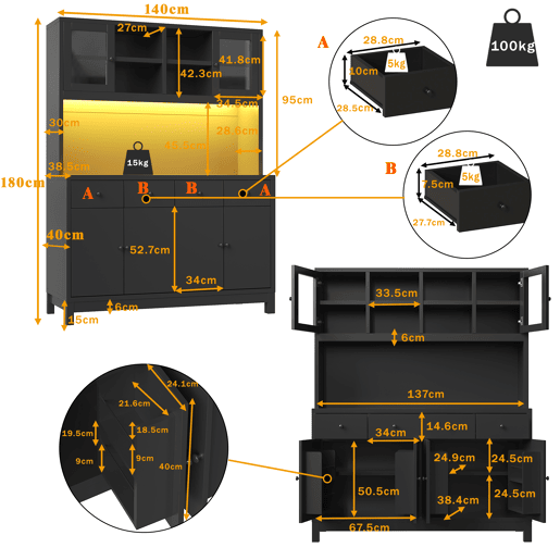 Armário de cozinha de mdf com 6 portas,4 gavetas e luz led,preto Armário de cozinha de mdf com 6 portas,4 gavetas e luz led,preto