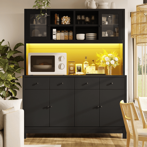 Armário de cozinha de mdf com 6 portas,4 gavetas e luz led,preto Armário de cozinha de mdf com 6 portas,4 gavetas e luz led,preto