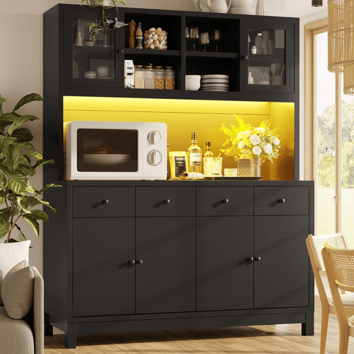 Armário de cozinha de mdf com 6 portas,4 gavetas e luz led,preto Armário de cozinha de mdf com 6 portas,4 gavetas e luz led,preto
