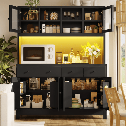 Armário de cozinha de mdf com 6 portas,4 gavetas e luz led,preto Armário de cozinha de mdf com 6 portas,4 gavetas e luz led,preto