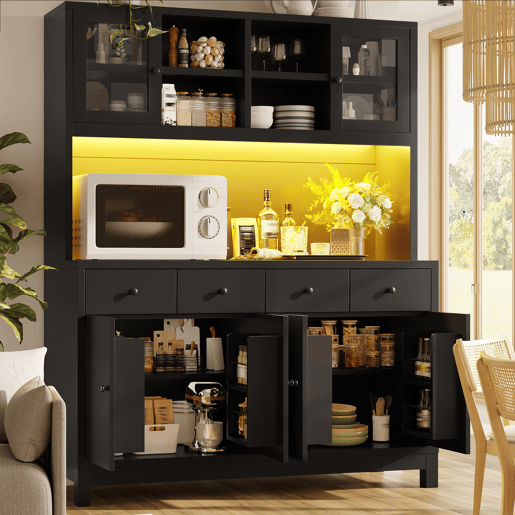 Armário de cozinha de mdf com 6 portas,4 gavetas e luz led,preto Armário de cozinha de mdf com 6 portas,4 gavetas e luz led,preto