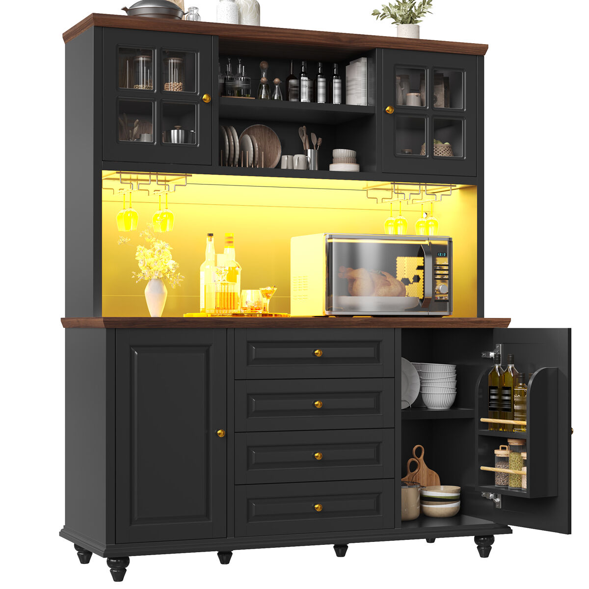 Armario de cocina con 4 puertas y 4 cajones 140 Negro/ Madera
