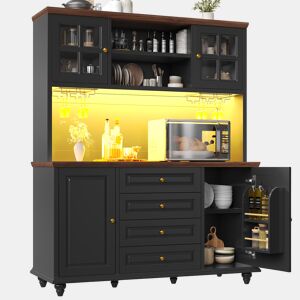 Armário de cozinha de mdf com 4 portas,4 gavetas e luz led,preto+madeira