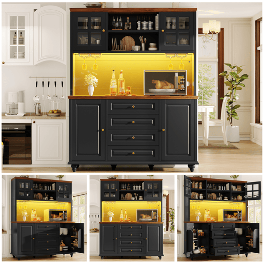 Armário de cozinha de mdf com 4 portas,4 gavetas e luz led,preto+madeira Armário de cozinha de mdf com 4 portas,4 gavetas e luz led,preto+madeira