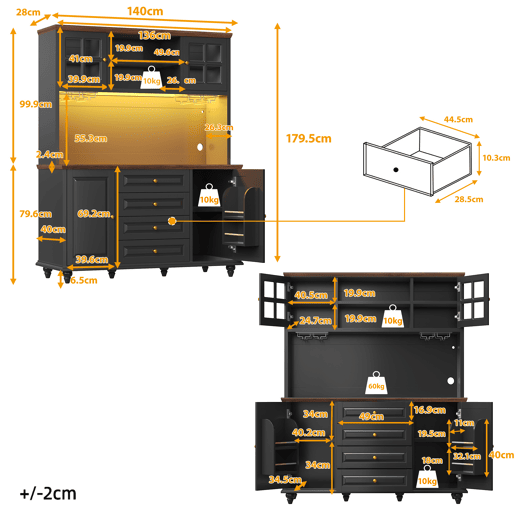Armário de cozinha de mdf com 4 portas,4 gavetas e luz led,preto+madeira Armário de cozinha de mdf com 4 portas,4 gavetas e luz led,preto+madeira