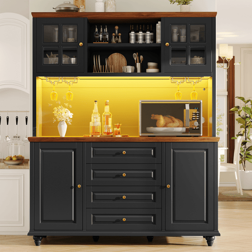 Armário de cozinha de mdf com 4 portas,4 gavetas e luz led,preto+madeira Armário de cozinha de mdf com 4 portas,4 gavetas e luz led,preto+madeira