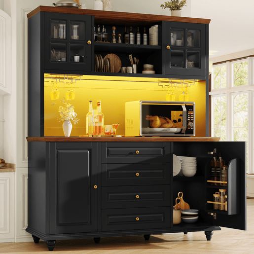 Armário de cozinha de mdf com 4 portas,4 gavetas e luz led,preto+madeira Armário de cozinha de mdf com 4 portas,4 gavetas e luz led,preto+madeira