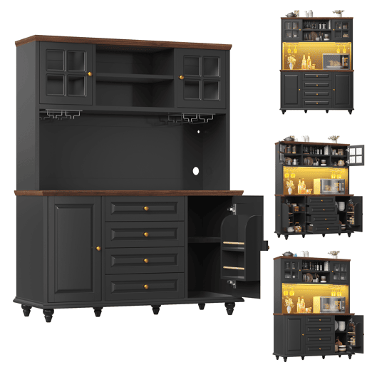 Armário de cozinha de mdf com 4 portas,4 gavetas e luz led,preto+madeira Armário de cozinha de mdf com 4 portas,4 gavetas e luz led,preto+madeira