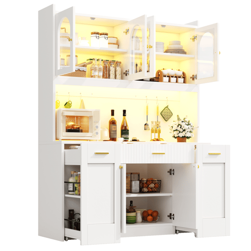 Armário de cozinha de mdf com 6 portas,3 gavetas e luz led,branco