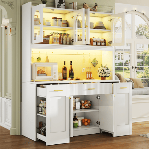 Armário de cozinha de mdf com 6 portas,3 gavetas e luz led,branco