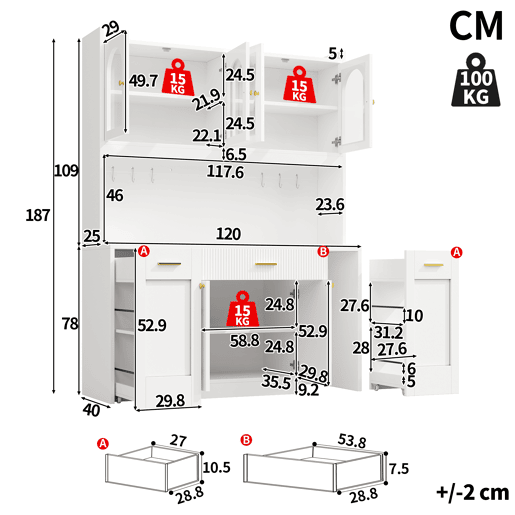 Armário de cozinha de mdf com 6 portas,3 gavetas e luz led,branco