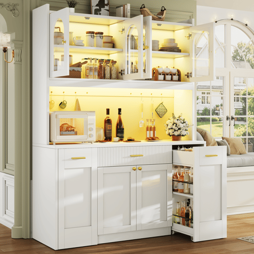 Armário de cozinha de mdf com 6 portas,3 gavetas e luz led,branco