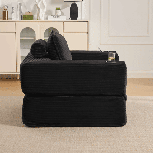 Sofá-cama em veludo - Assento com espuma de alta densidade e molas, bolso lateral, porta-copos e montagem fácil - Preto Sofá-cama em veludo - Assento com espuma de alta densidade e molas, bolso lateral, porta-copos e montagem fácil - Preto