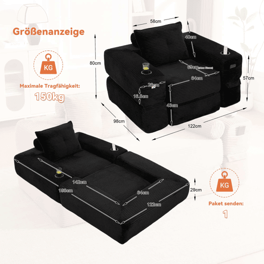 Sofá-cama em veludo - Assento com espuma de alta densidade e molas, bolso lateral, porta-copos e montagem fácil - Preto Sofá-cama em veludo - Assento com espuma de alta densidade e molas, bolso lateral, porta-copos e montagem fácil - Preto