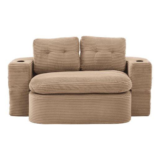 Sofá-cama de 2 lugares - Reclinável, almofadas grossas, encosto alto, braços ajustáveis com suportes para copos, multifuncional - Cáqui Sofá-cama de 2 lugares - Reclinável, almofadas grossas, encosto alto, braços ajustáveis com suportes para copos, multifuncional - Cáqui