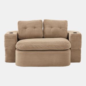 Sofá-cama de 2 lugares - Reclinável, almofadas grossas, encosto alto, braços ajustáveis com suportes para copos, multifuncional - Cáqui