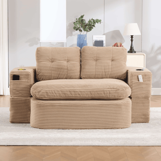 Sofá-cama de 2 lugares - Reclinável, almofadas grossas, encosto alto, braços ajustáveis com suportes para copos, multifuncional - Cáqui Sofá-cama de 2 lugares - Reclinável, almofadas grossas, encosto alto, braços ajustáveis com suportes para copos, multifuncional - Cáqui