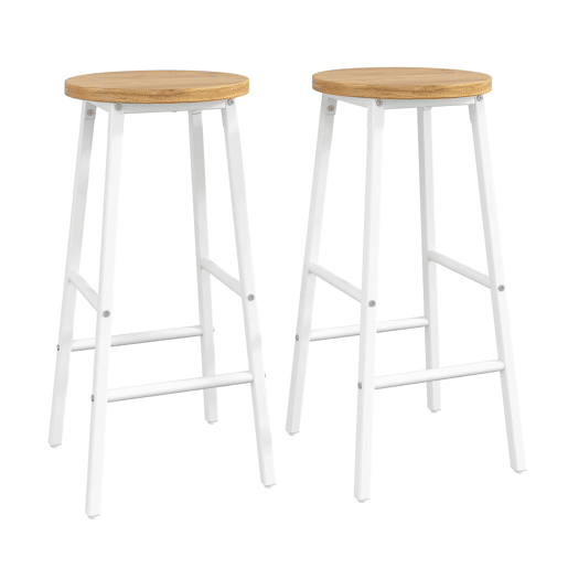 Bancos de bar de 63 cm - assento com efeito de madeira, capacidade de carga de 150 kg, apoio para os pés duplo e pernas ajustáveis - Branco Bancos de bar de 63 cm - assento com efeito de madeira, capacidade de carga de 150 kg, apoio para os pés duplo e pernas ajustáveis - Branco