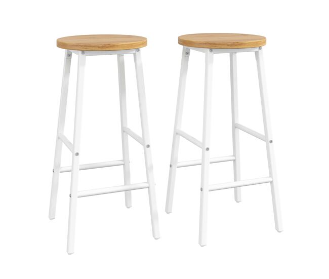 Taburetes de bar 63 cm - asiento efecto madera, 150 kg de carga, reposapiés doble y patas ajustables - blanco