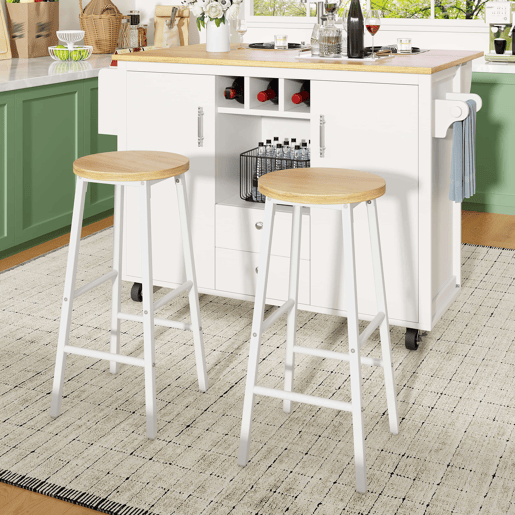 Bancos de bar de 63 cm - assento com efeito de madeira, capacidade de carga de 150 kg, apoio para os pés duplo e pernas ajustáveis - Branco Bancos de bar de 63 cm - assento com efeito de madeira, capacidade de carga de 150 kg, apoio para os pés duplo e pernas ajustáveis - Branco