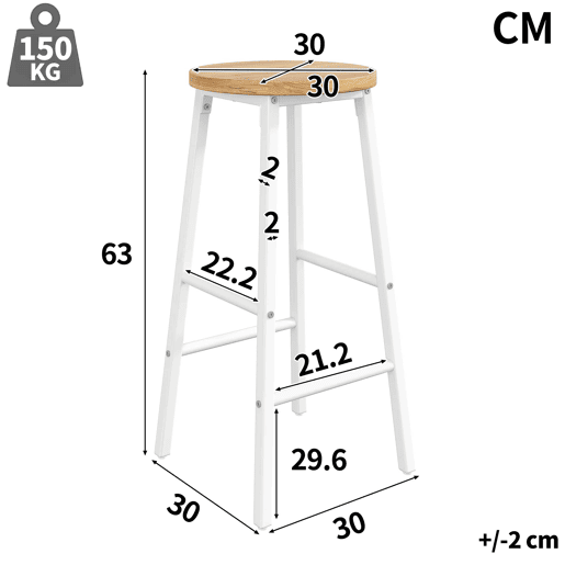Bancos de bar de 63 cm - assento com efeito de madeira, capacidade de carga de 150 kg, apoio para os pés duplo e pernas ajustáveis - Branco Bancos de bar de 63 cm - assento com efeito de madeira, capacidade de carga de 150 kg, apoio para os pés duplo e pernas ajustáveis - Branco