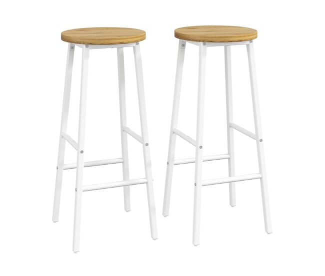 Set de 2 taburetes de bar 70cm - asiento efecto madera con patas ajustables y doble reposapiés, estructura metálica blanca - blanco