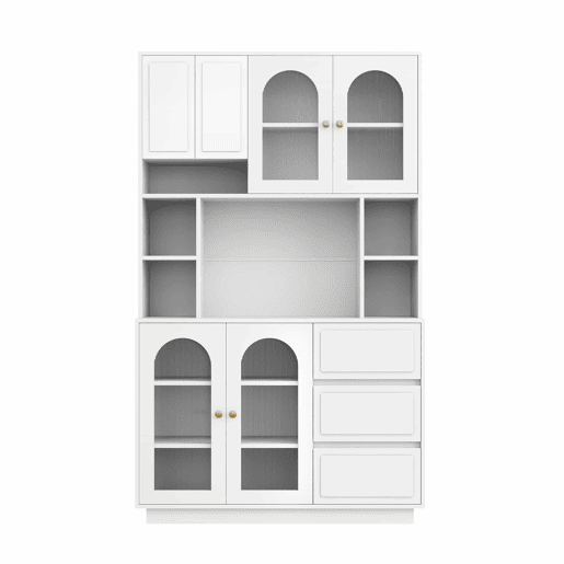Armário alto tipo aparador - portas curvas em acrílico, prateleiras abertas, LED RGB com aplicação, arrumação para a sala - Branco