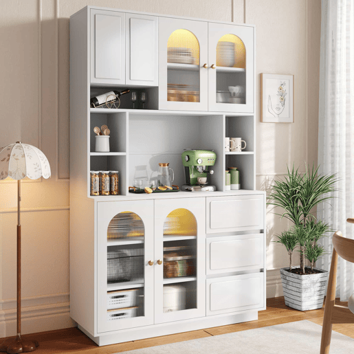 Armário alto tipo aparador - portas curvas em acrílico, prateleiras abertas, LED RGB com aplicação, arrumação para a sala - Branco