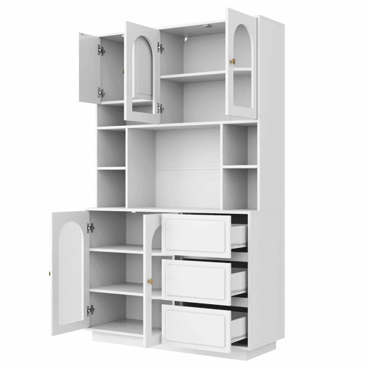 Armário alto tipo aparador - portas curvas em acrílico, prateleiras abertas, LED RGB com aplicação, arrumação para a sala - Branco